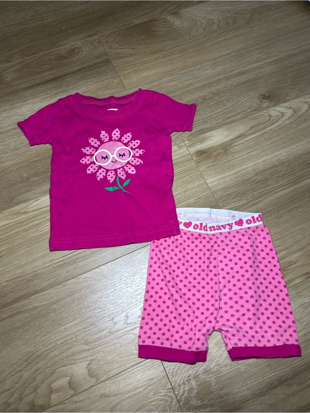 Old Navy Pink Floral Sunflower Top with Pink Polka Dot Shorts